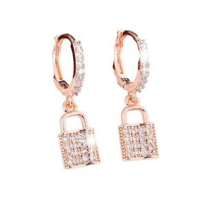 18k Rose Gold Plated Lock Hoop Huggie Earrings. New.